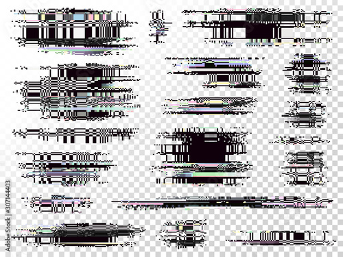 Glitch elements set. Computer screen error templates. Digital pixel noise abstract design. Video game glitch. Television signal fail. Data decay. Technical problem grunge.