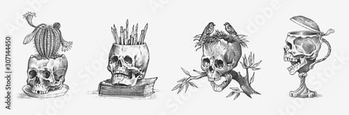 Human skull in the form of a wine goblet, cactus and birds. Retro old school sketch for tattoo in vintage style. Monochrome Symbol. Hand drawn engraved retro badge for t-shirt, banner, poster and logo