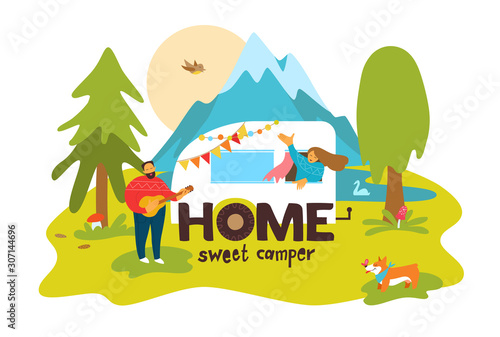 Home sweet camper quote. Young happy couple on the background of nature and camper. The concept of camping. Vector illustration.