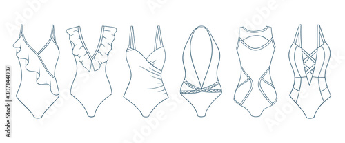 Swimming suits set. Doodle bikini. One piece swimsuits collection. Ladies clothes for summer vacation. Bikini sketch. Swimwear fashion.