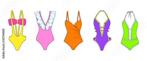 Swimming suits set. Doodle bikini. One piece swimsuits collection. Ladies clothes for summer vacation. Bikini sketch. Swimwear fashion.