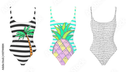 Swimming suit realistic vector. One piece swimsuits collection. Trendy modern design. Summer fashion. Mock up. Swimwear design.