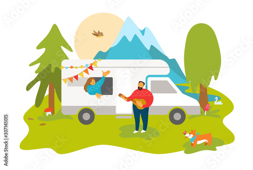 Caravan or camper van. Young couple camping in the woods. Vector illustration.