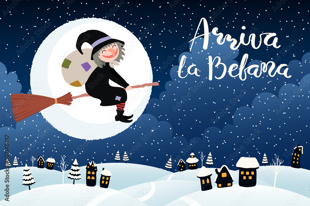Greeting card with text la befana cute witch Vector Image