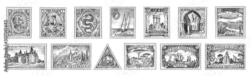 Vintage Postage stamps set. Ancient landscapes, dragon and sailing ship. Retro old Sketch. Monochrome Postcard. Hand drawn engraved retro mark, frames collection for print banner, poster and logo. 