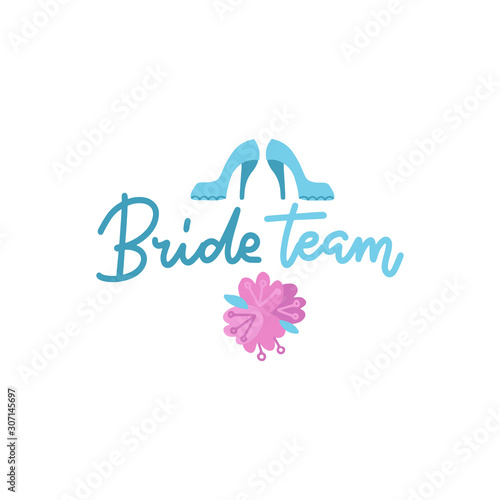 Bachelor party postcard, print or poster graphic design vector element. Bride team decoration element with pink flowers and high heel shoes on the white background.