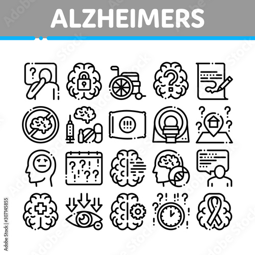 Alzheimers Disease Collection Icons Set Vector Thin Line. Brain And Drugs, Wheelchair And Man Silhouette With Alzheimers Illness Concept Linear Pictograms. Monochrome Contour Illustrations