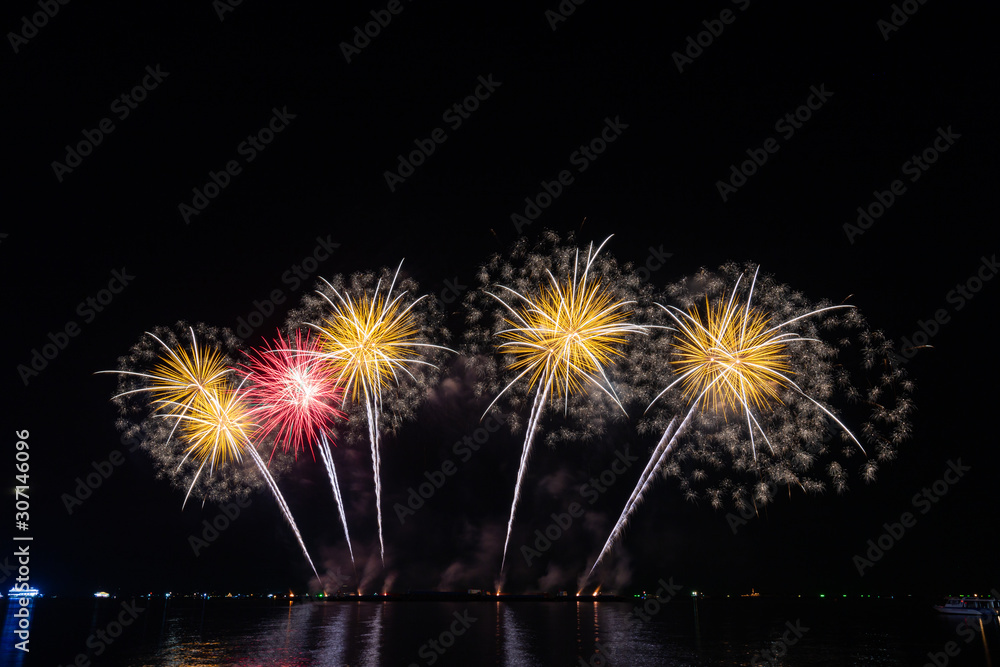 Fireworks display and showing of Pattaya International Fireworks Festival on Pattaya beach, Thailand. Fireworks display and showing of Pattaya International Fireworks Festival on Pattaya beach, Thailand.