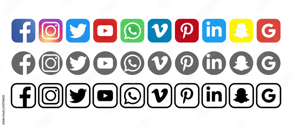 Facebook, Instagram, Twitter, Youtube, WhatsApp, Vimeo, Pinterest ...