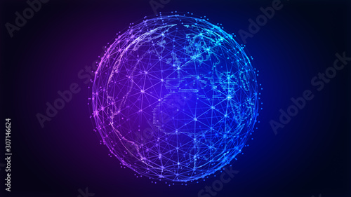Connection lines Around Earth Globe. Background with Light Effect. Global International Connectivity Background. 3D illustration. © mirexon