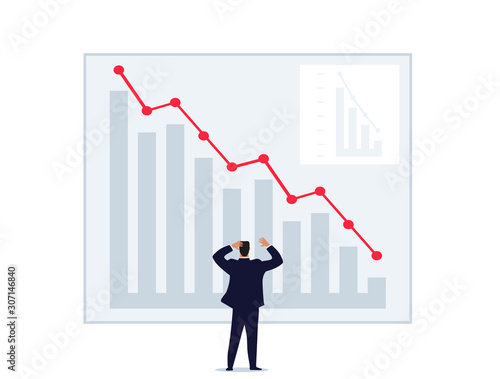A man throws up his hands looking at a graph of falling prices. World financial crisis, unsuccessful investment, failure, loss of money. Man on the stock exchange. Flat vector isolated on a white