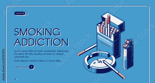 Smoking addiction isometric landing page, cigarettes in package, ashtray and lighter, tobacco nicotine product web banner design on blue background. Bad unhealthy habit. 3d vector line artillustration