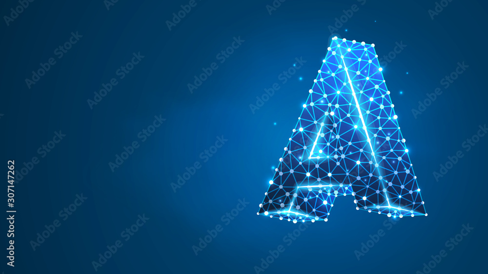 Alphabet letter A. Design of an Uppercase letter. Banner, template or a pattern. Abstract digital wireframe, low poly mesh, raster blue neon 3d illustration. Triangle, line, dot Alphabet letter A. Design of an Uppercase letter. Banner, template or a pattern. Abstract digital wireframe, low poly mesh, raster blue neon 3d illustration. Triangle, line, dot