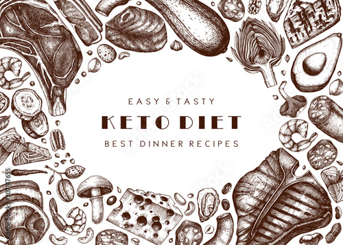 Ketogenic diet vector background. Hand drawn organic food  and dairy products illustrations. Keto diet design elements - meat, vegetables, grains, nuts, mushrooms. 