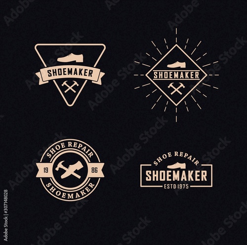 Set of color cobbler logos. Vector illustration of shoes, hammer and text on a background with a texture. Professional shoemaker services.
