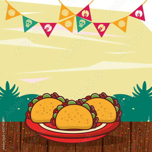 delicious tacos mexican food with garlands