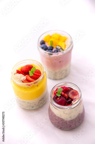 Chia pudding and fresh fruit smoothie  mango  berry  cherry