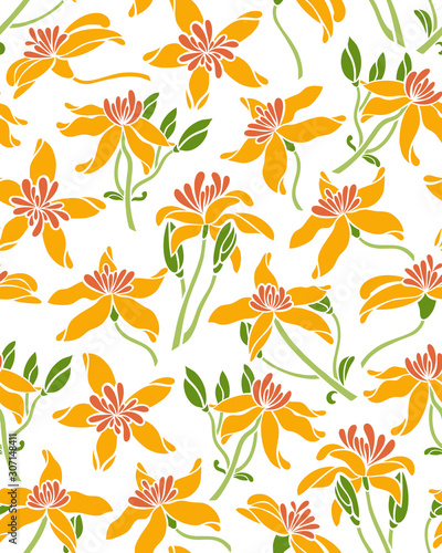 Seamless pattern with flower clematis. Surface design. Texture for fabric, wallpaper, paper. Vector illustration.
