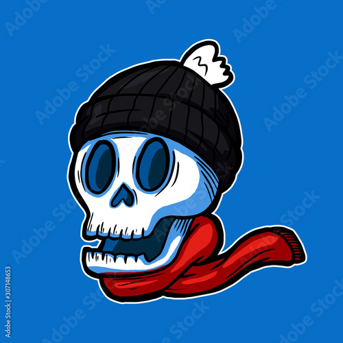 Smiling skull head wearing knitted beanie hat and scarf vector illustration character handrawn tattoo sticker design for winter season concept