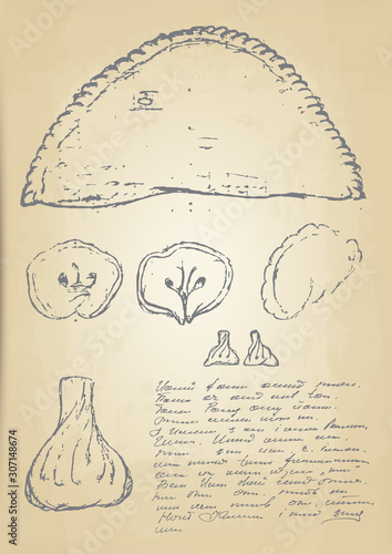 hand pencil drawing on old yellowed parchment. Products of Georgian cuisine with a signature in an incomprehensible language. Cheburek, khinkali and dumplings