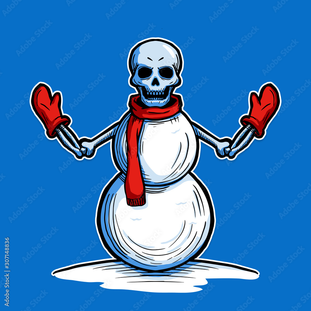 skull head snowman with bone twigs wearing scarf and gloves vector ...