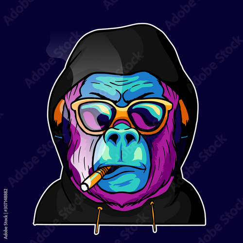 Cool face monkey smoke cigarette wear a glasses and hoodie jacket vector illustration. Pop art color animal gorilla head creative character mascot logo design
