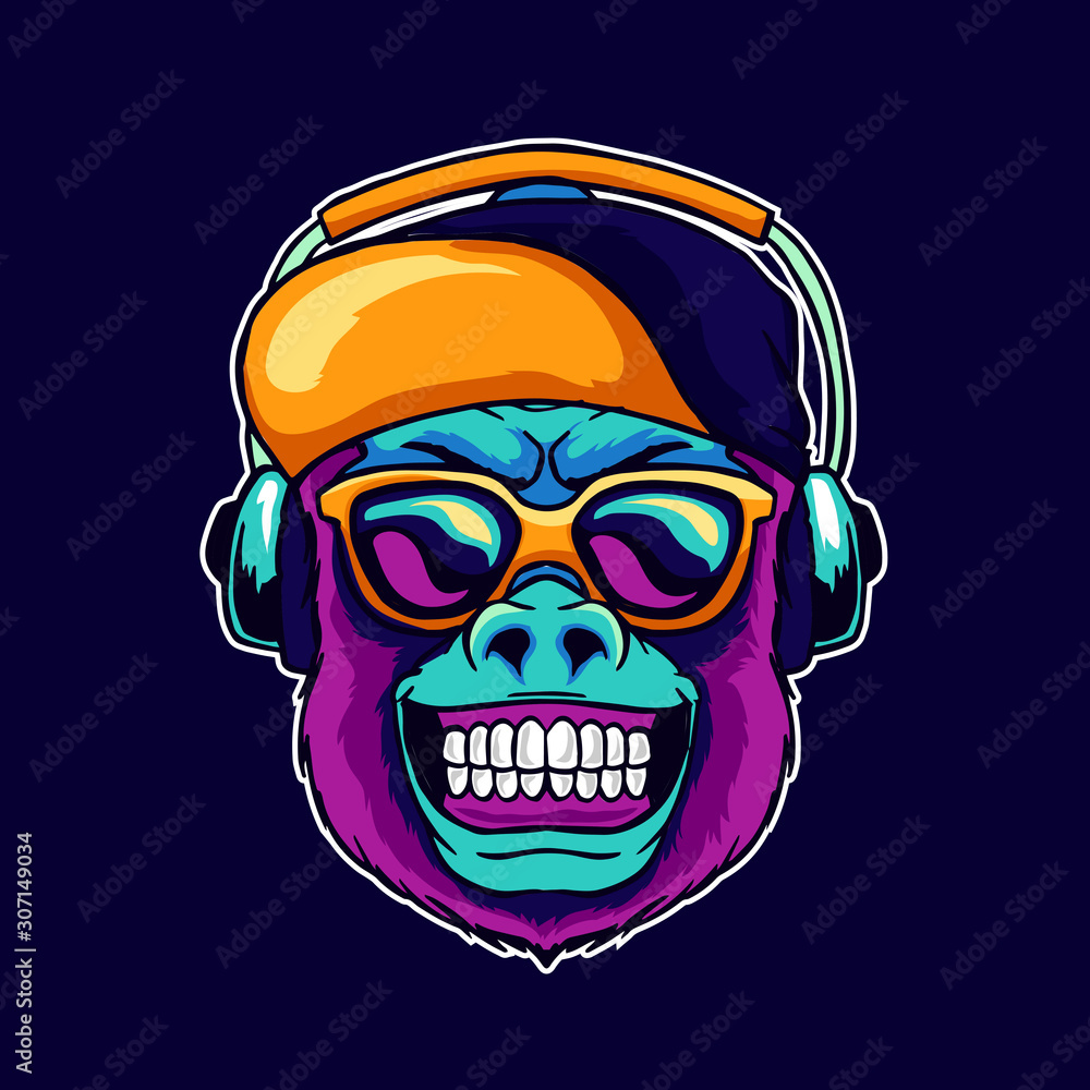 Monkey smile wear cool glasses and cap hat listening dope music on the headphone speaker vector illustration. Pop art color style animal gorilla head logo design for creative DJ sound producer studio. Monkey smile wear cool glasses and cap hat listening dope music on the headphone speaker vector illustration. Pop art color style animal gorilla head logo design for creative DJ sound producer studio.
