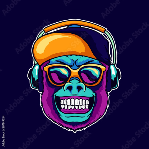 Monkey smile wear cool glasses and cap hat listening dope music on the headphone speaker vector illustration. Pop art color style animal gorilla head logo design for creative DJ sound producer studio.