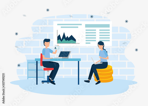 Businesswoman and businessman design, Infographic data information business analytics and visual presentation theme Vector illustration