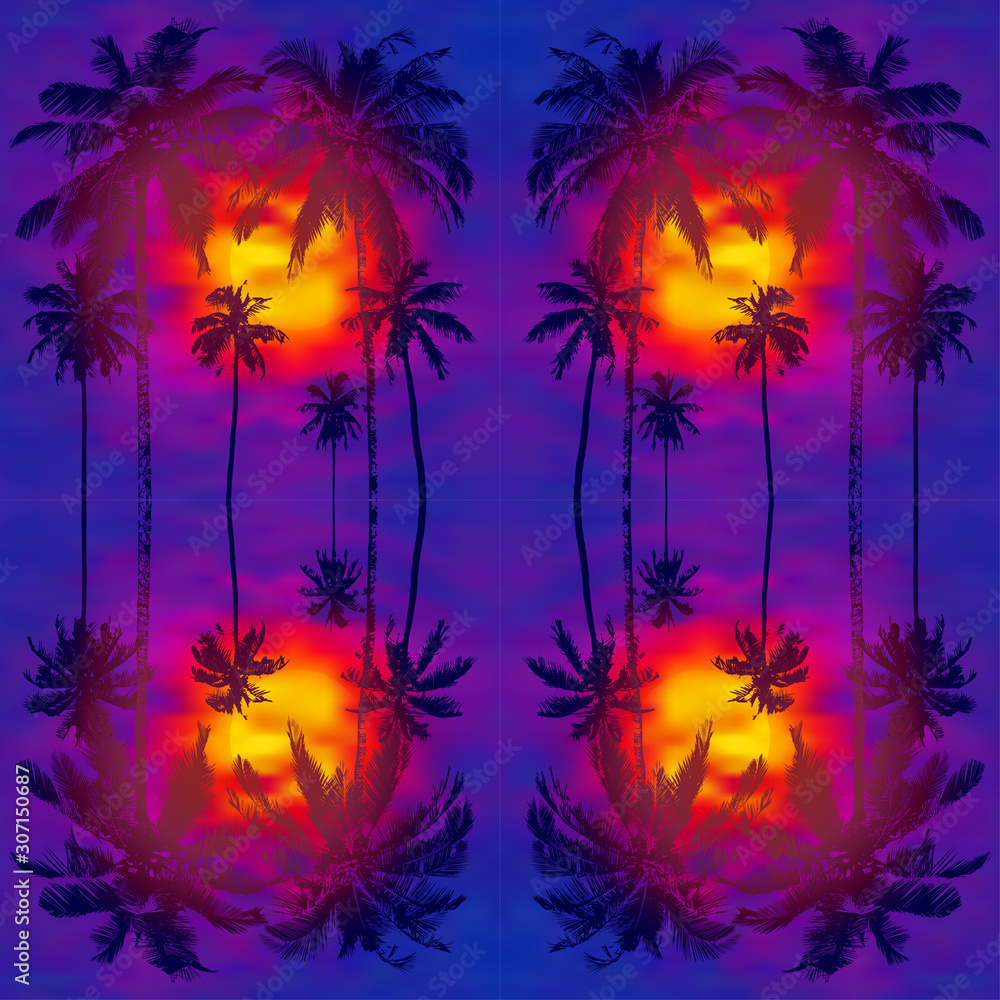 seamless tropical pattern with reflection realistic silhouettes palm trees against the backdrop of a bright tropical sunset or sunrise