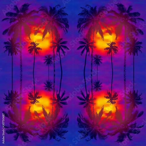 seamless tropical pattern with reflection realistic silhouettes palm trees against the backdrop of a bright tropical sunset or sunrise © yuliana_s