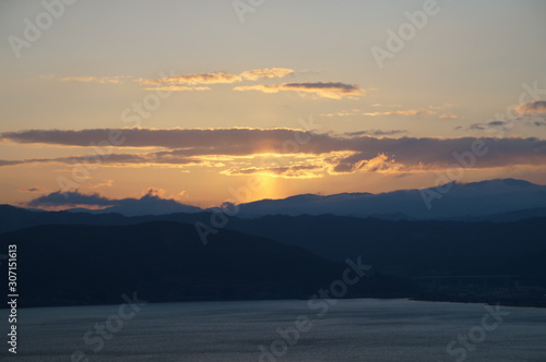 Japan city and lake sunset landscape