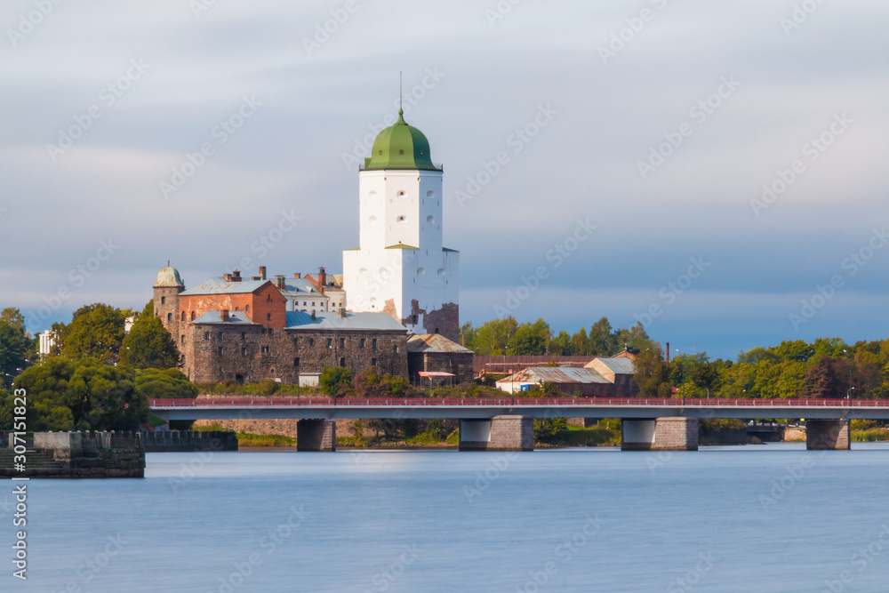 Long-exposure view of the Vyborg Castle and the Petrovsky Bridge in overcast day, Vyborg, Leningrad Oblast, Russia