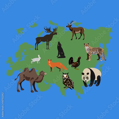  set of vector illustrations of animals on a map of eurasia