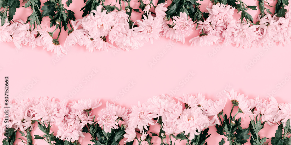 Beautiful flowers composition. Pink flowers on pink background. Valentines Day, Easter, Happy
