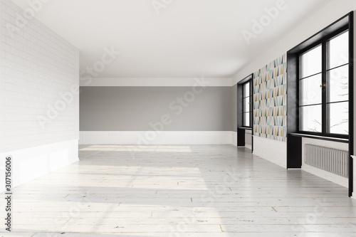 Empty Scandinavian interior with light wooden floor and light grey walls