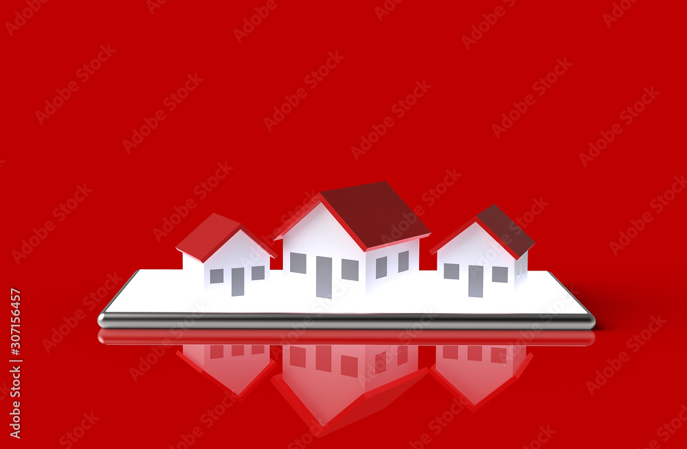 Growth real estate online concept. Group of house on mobile phone. 3D Illustration. Growth real estate online concept. Group of house on mobile phone. 3D Illustration.