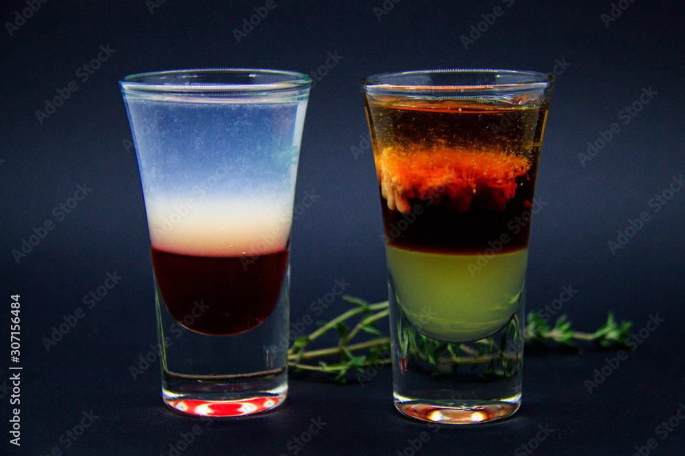 Combining alcoholic beverages in one drink. Alcohol shots. Combining alcoholic beverages in one drink. Alcohol shots.