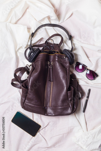 woman leather backpack, winter fashion mood