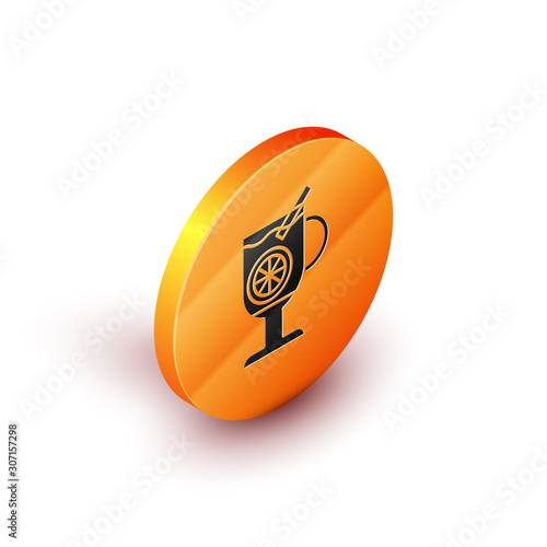 Isometric Mulled wine with glass of drink and ingredients icon isolated on white background. Cinnamon stick, clove, lemon slice. Orange circle button. Vector Illustration