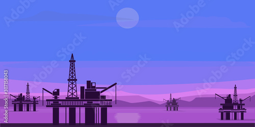 Nature landscape. Sea, mountains and oil platforms. Vector illustration.