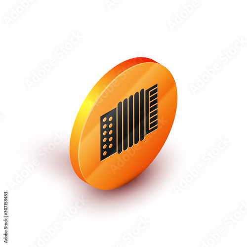 Isometric Musical instrument accordion icon isolated on white background. Classical bayan, harmonic. Orange circle button. Vector Illustration