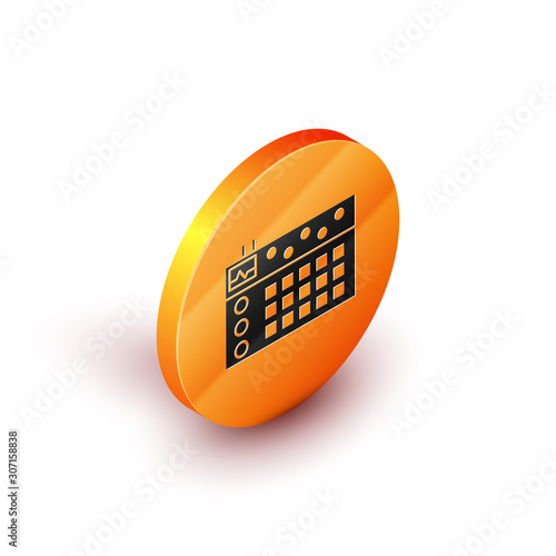 Isometric Drum machine icon isolated on white background. Musical equipment. Orange circle button. Vector Illustration