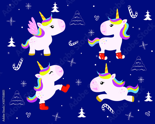 Unicorn vector christmas snow backgroung