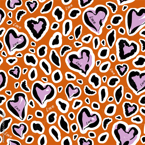 Stylish animal skin on hearats shape with wording “ Love” seamless pattern in vector design for fashion,fabric,web,wallpaper,wrapping and all prints