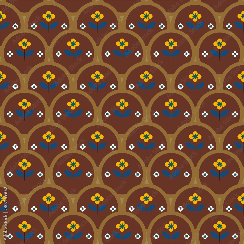 Retro circle geometric with minimal flowers seamless pattern in vector ,Design for fasbric,fabric,web,wallpaper,wrapping and all prints Retro circle geometric with minimal flowers seamless pattern in vector ,Design for fasbric,fabric,web,wallpaper,wrapping and all prints