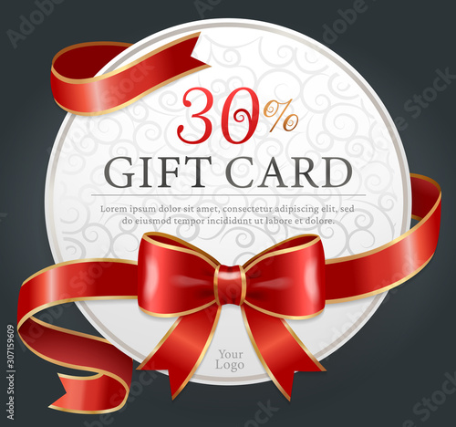 30 percent discount gift card on black background. Template of paper round voucher with text tied with red ribbons and bow. Present certificate for shopping. Vector illustration in flat style