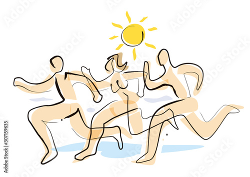 Nudists, Three running naked people. Stylized expressive illustration of two men and woman running on beach in summer. Vector available.