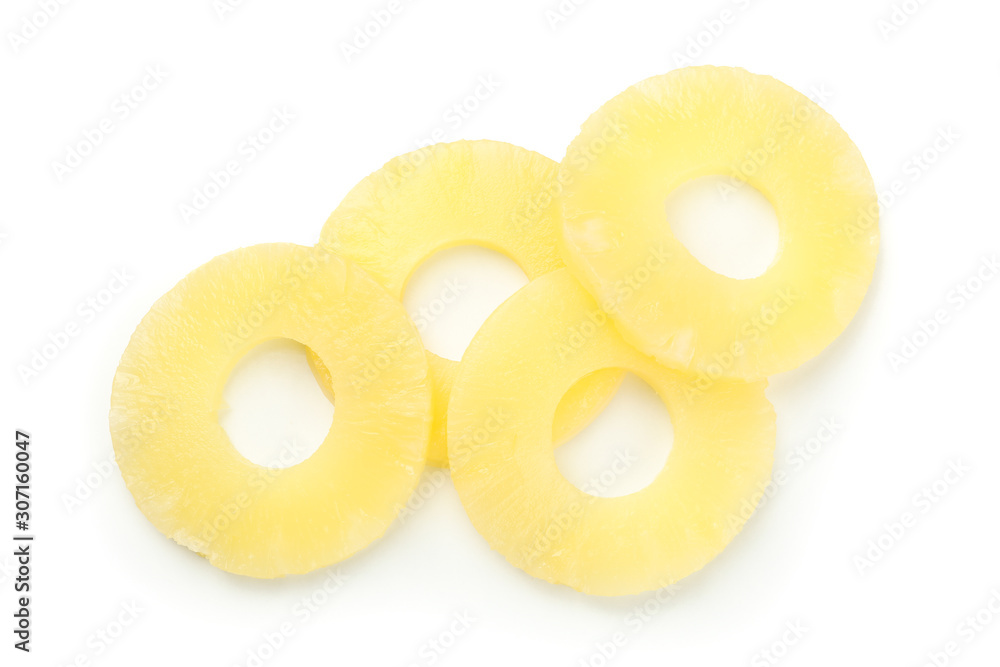 Pineapple rings isolated on white background, top view