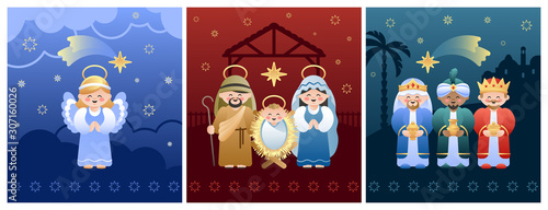 Collection of three Christmas Nativity Scenes. Holy Family, Angel and Three Wise Men. Vector illustration without transparency.